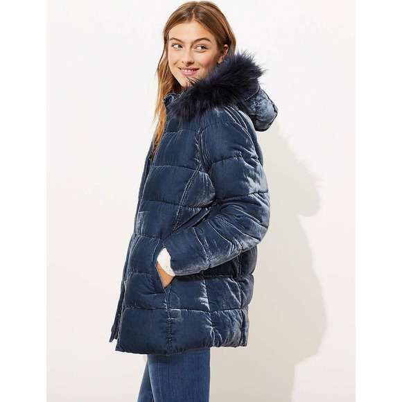 LOFT Coat Size S Velvet Puffer Coat Faux Fur Hooded Zip Up Quilted Winter Jacket - Picture 1 of 10